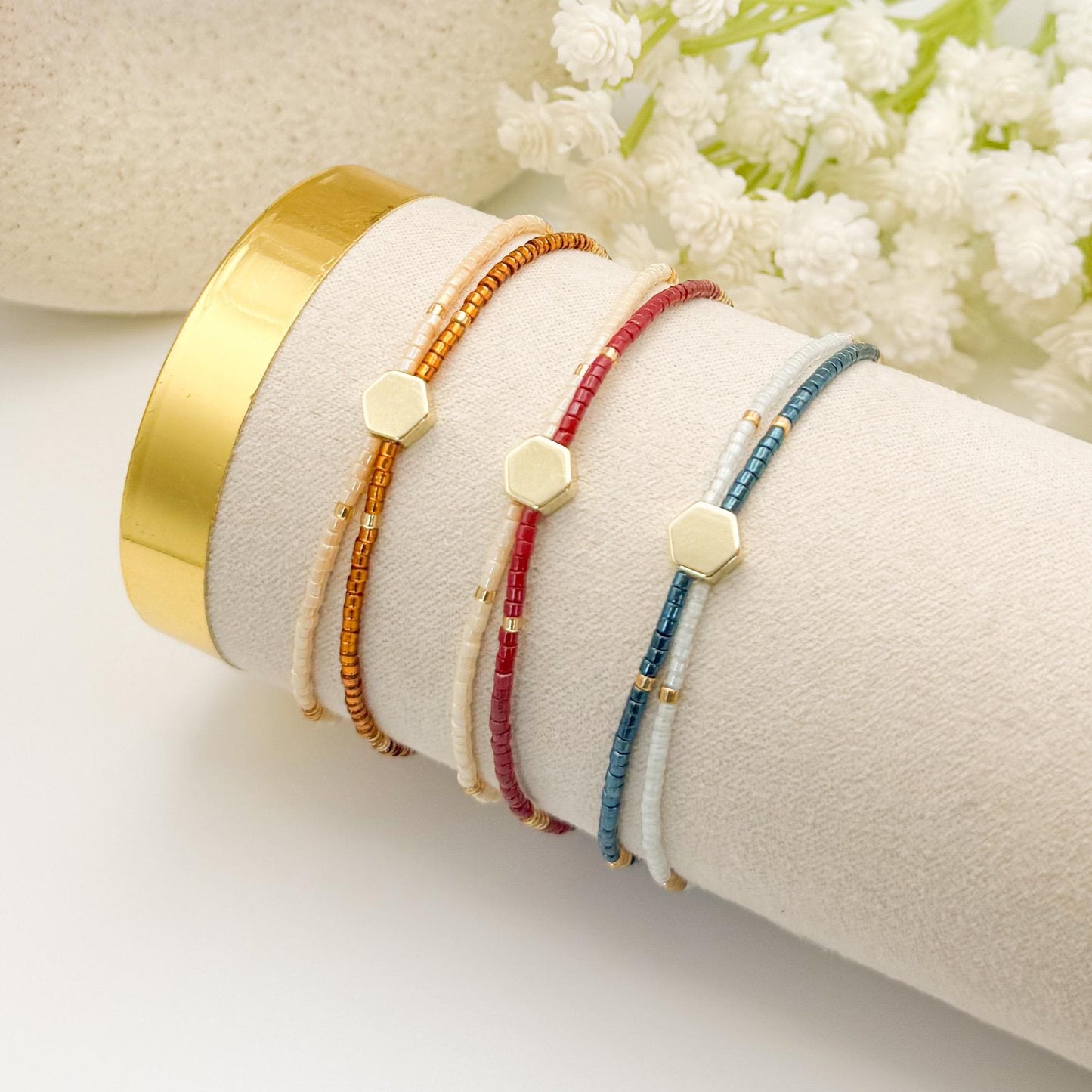 Double Strand Seed Bead Bracelet | 18k gold filled with amber, blue and burgundy double bracelets| stretch bracelet | dainty | gift