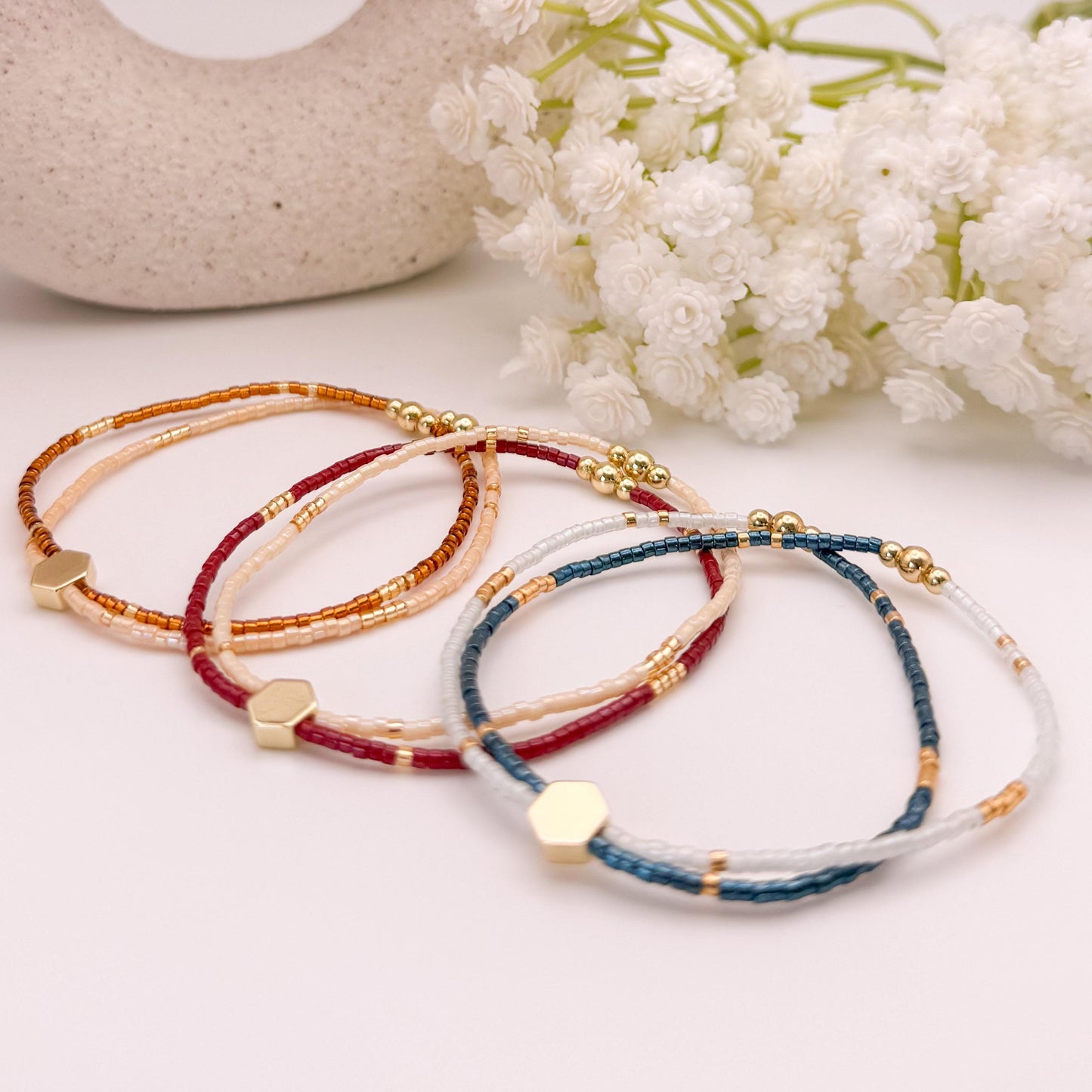 Double Strand Seed Bead Bracelet | 18k gold filled with amber, blue and burgundy double bracelets| stretch bracelet | dainty | gift