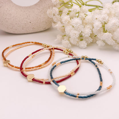 Double Strand Seed Bead Bracelet | 18k gold filled with amber, blue and burgundy double bracelets| stretch bracelet | dainty | gift