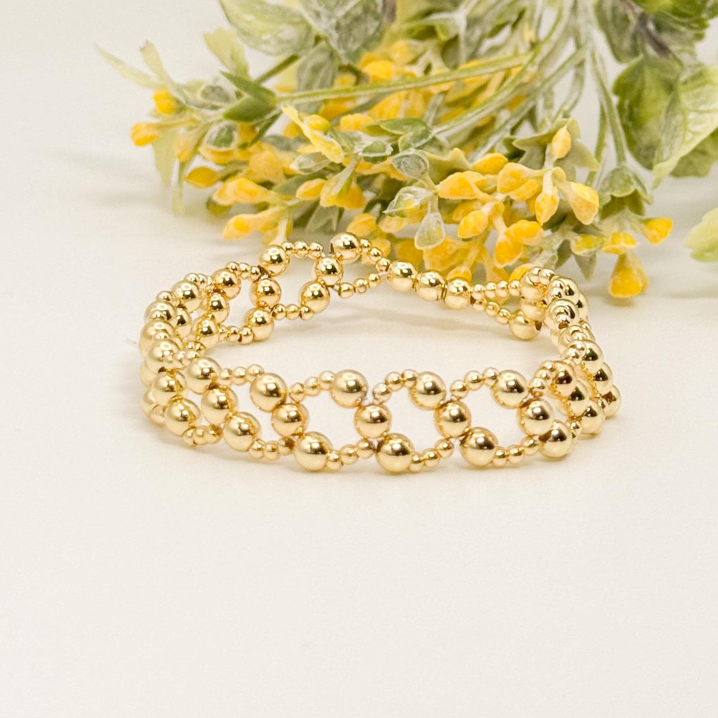 Golden Loop Bracelet | 18k gold filled with beaded link design | beaded stretch bracelet | vintage bead bracelet  | gift set | chunky gold