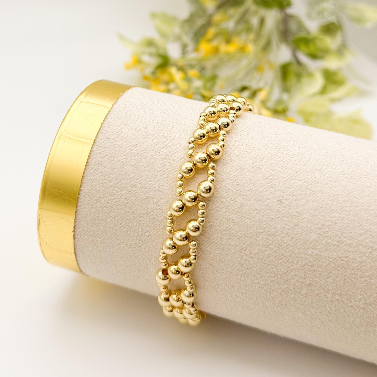Golden Loop Bracelet | 18k gold filled with beaded link design | beaded stretch bracelet | vintage bead bracelet  | gift set | chunky gold