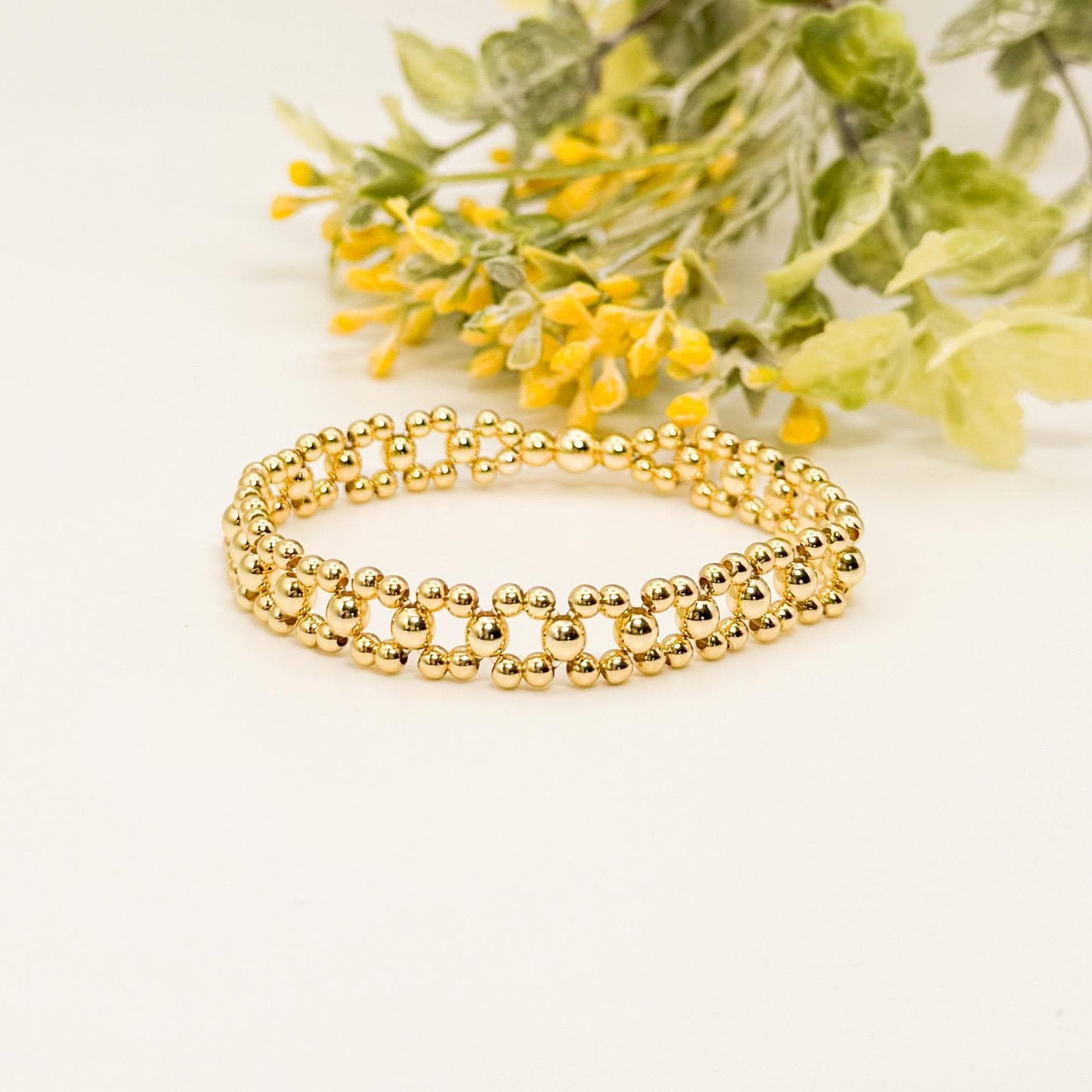 Golden Loop Bracelet | 18k gold filled with beaded link design | beaded stretch bracelet | vintage bead bracelet  | gift set | chunky gold