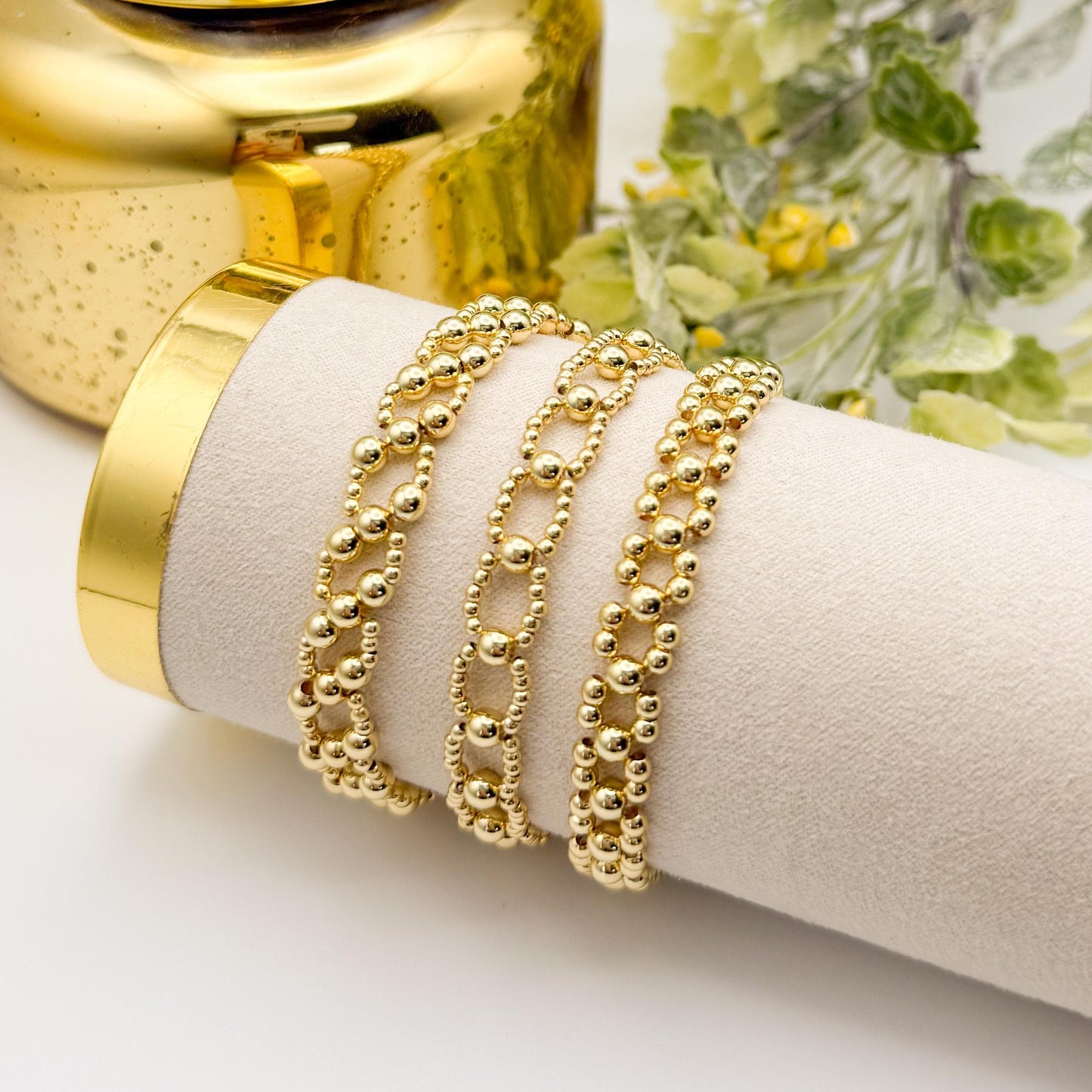 Golden Loop Bracelet | 18k gold filled with beaded link design | beaded stretch bracelet | vintage bead bracelet  | gift set | chunky gold