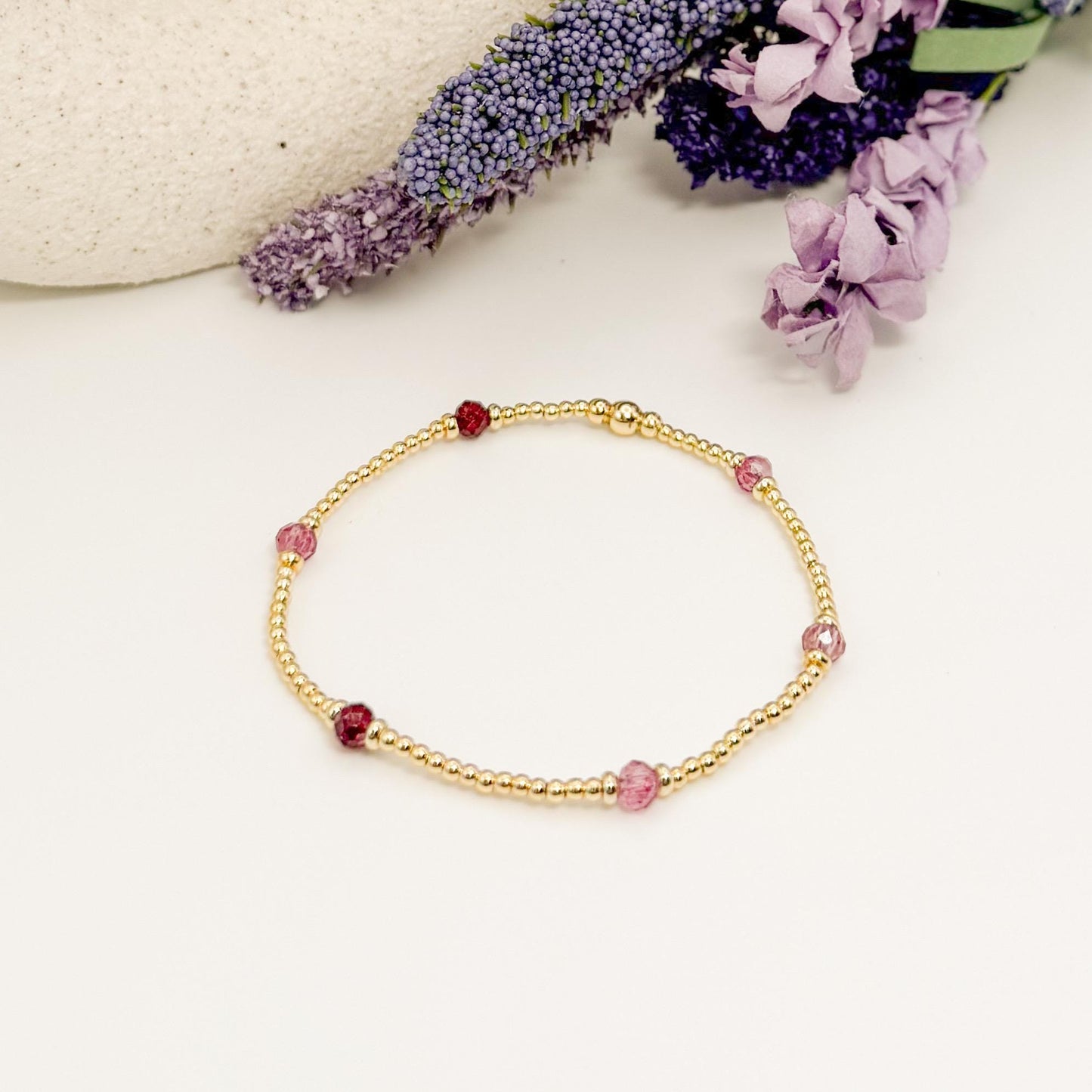 Blush | 18k gold filled with deep pink and purple crystal beads | beaded stretch bracelet  | bracelet set | gift set | layering bracelets