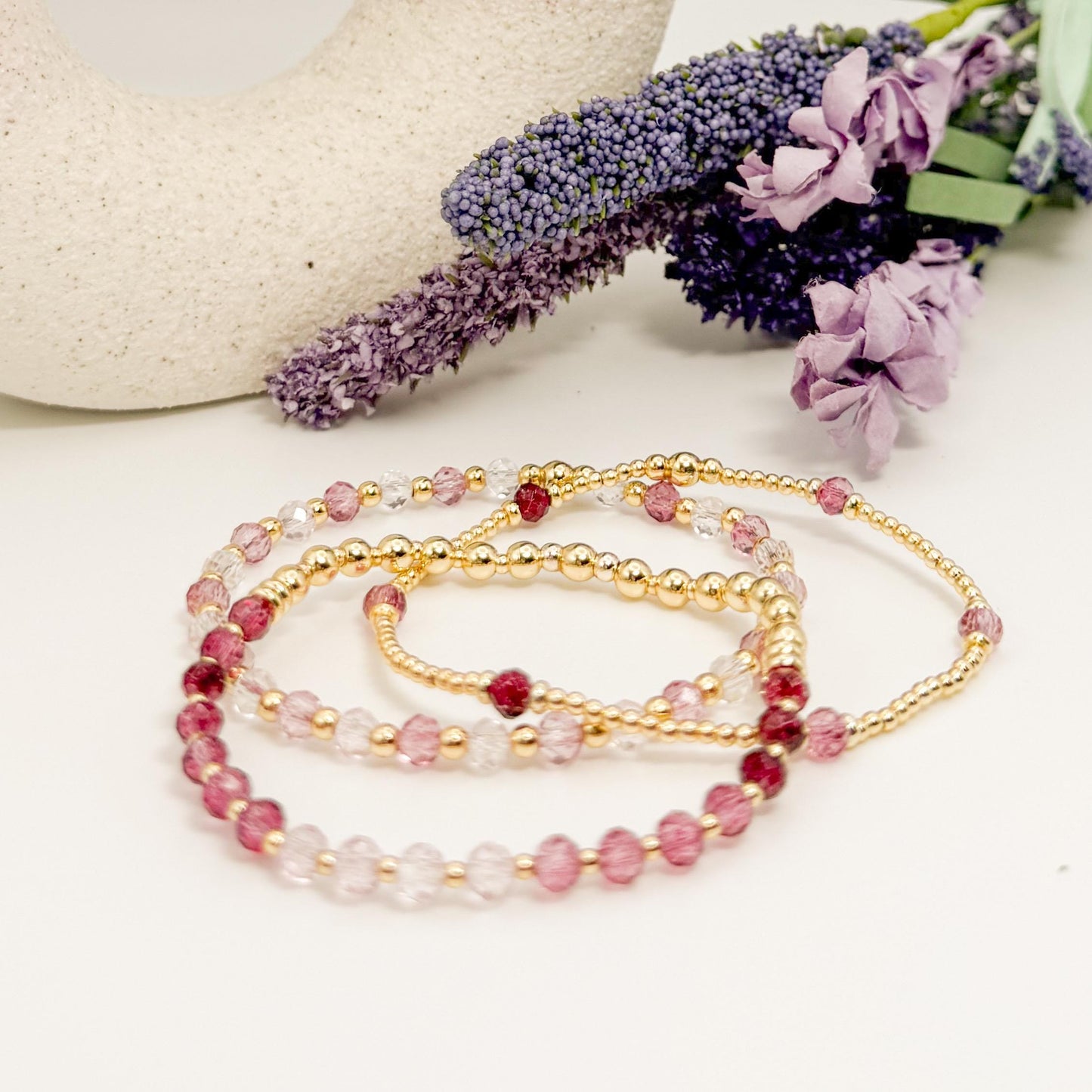 Blush | 18k gold filled with deep pink and purple crystal beads | beaded stretch bracelet  | bracelet set | gift set | layering bracelets