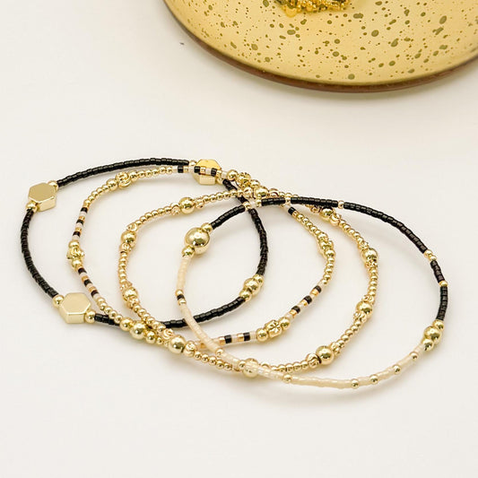 Midnight Glow | 18k gold filled with black and cream bracelet stack | beaded stretch bracelet | tiny bead bracelet | seed bead | holiday
