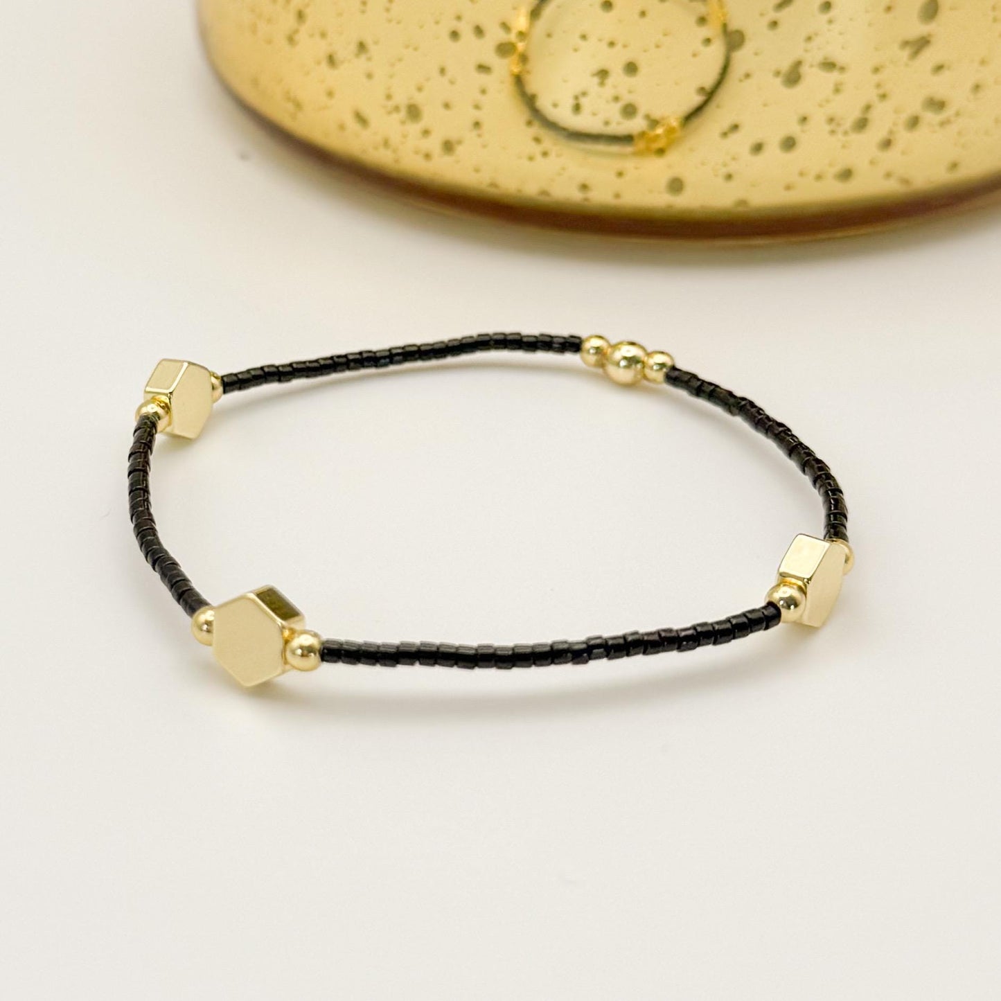 Midnight Glow | 18k gold filled with black and cream bracelet stack | beaded stretch bracelet | tiny bead bracelet | seed bead | holiday