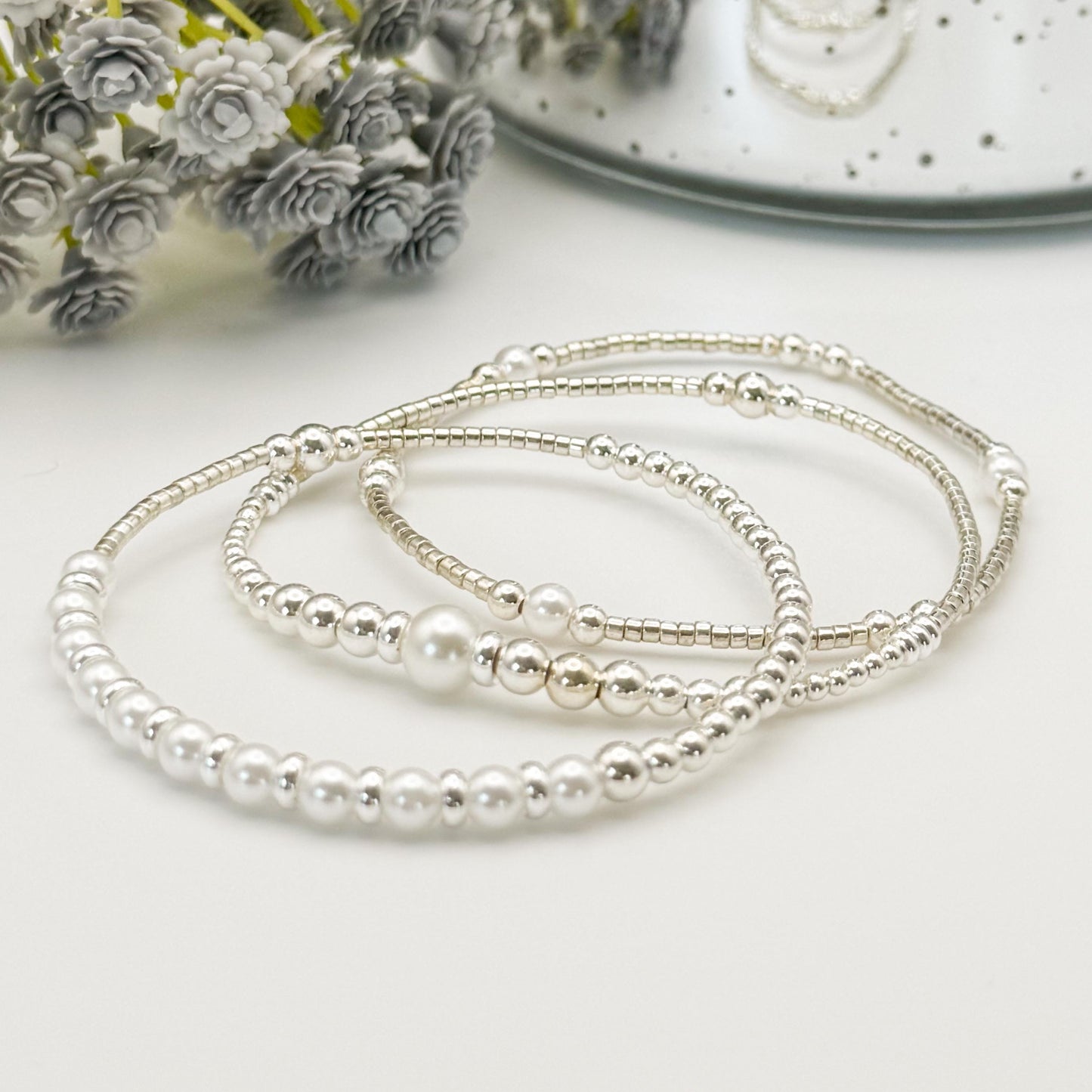 Silver and Pearl Stack | sterling silver with silver seed beads | beaded stretch bracelet | tiny bead bracelet | bracelet set |gift set