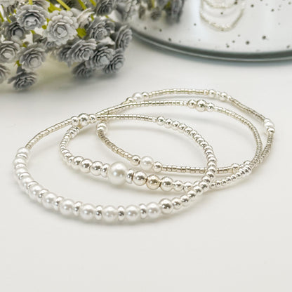 Silver and Pearl Stack | sterling silver with silver seed beads | beaded stretch bracelet | tiny bead bracelet | bracelet set |gift set