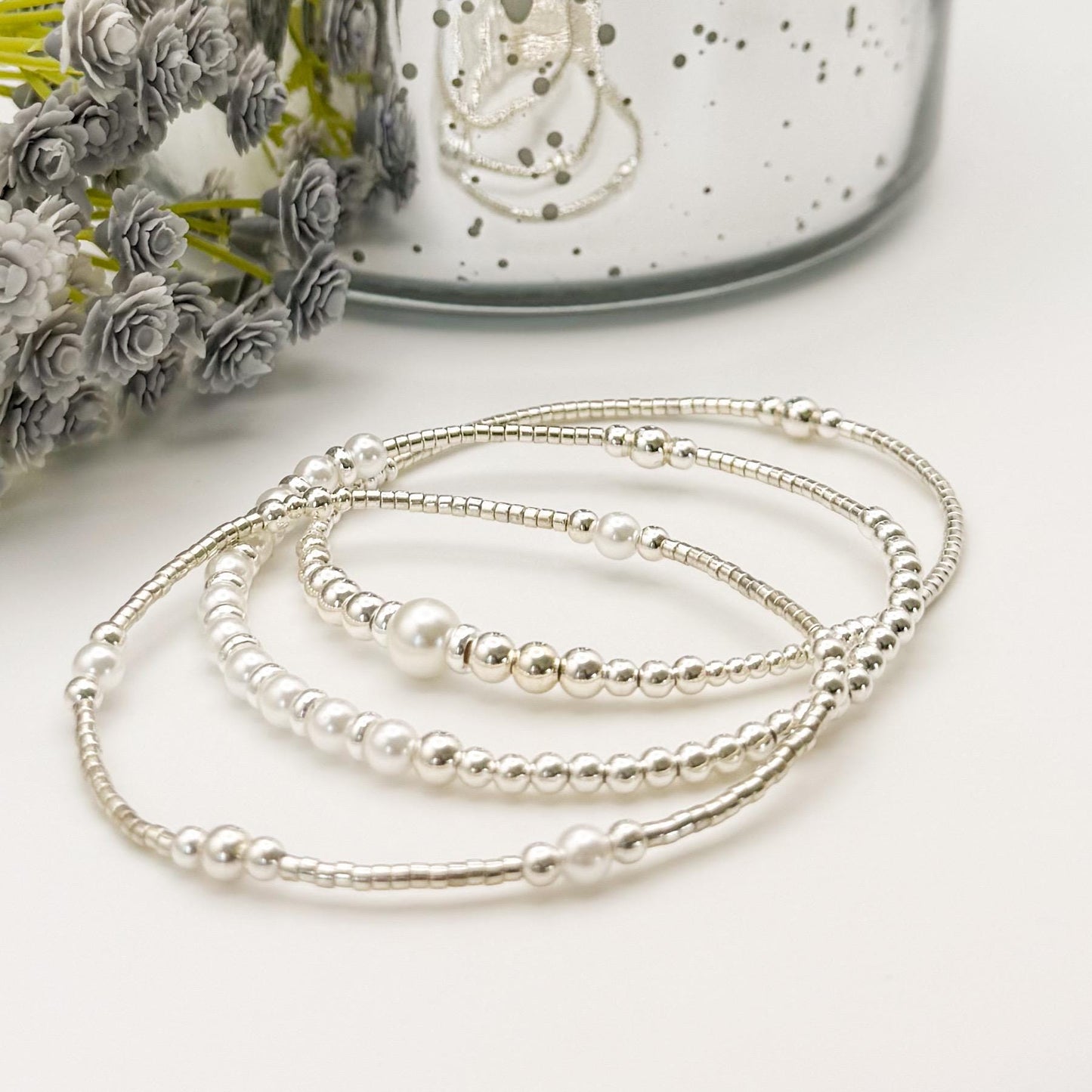 Silver and Pearl Stack | sterling silver with silver seed beads | beaded stretch bracelet | tiny bead bracelet | bracelet set |gift set