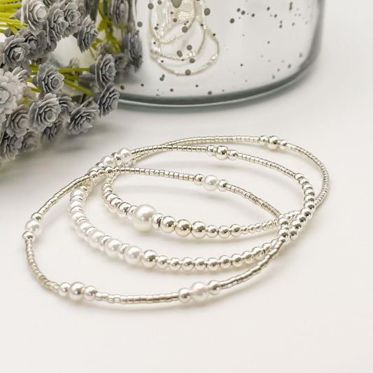 Silver and Pearl Stack | sterling silver with silver seed beads | beaded stretch bracelet | tiny bead bracelet | bracelet set |gift set