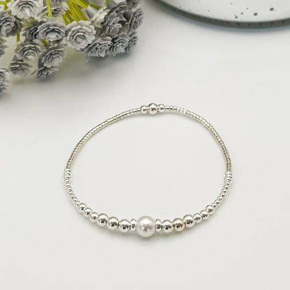 Silver and Pearl Stack | sterling silver with silver seed beads | beaded stretch bracelet | tiny bead bracelet | bracelet set |gift set