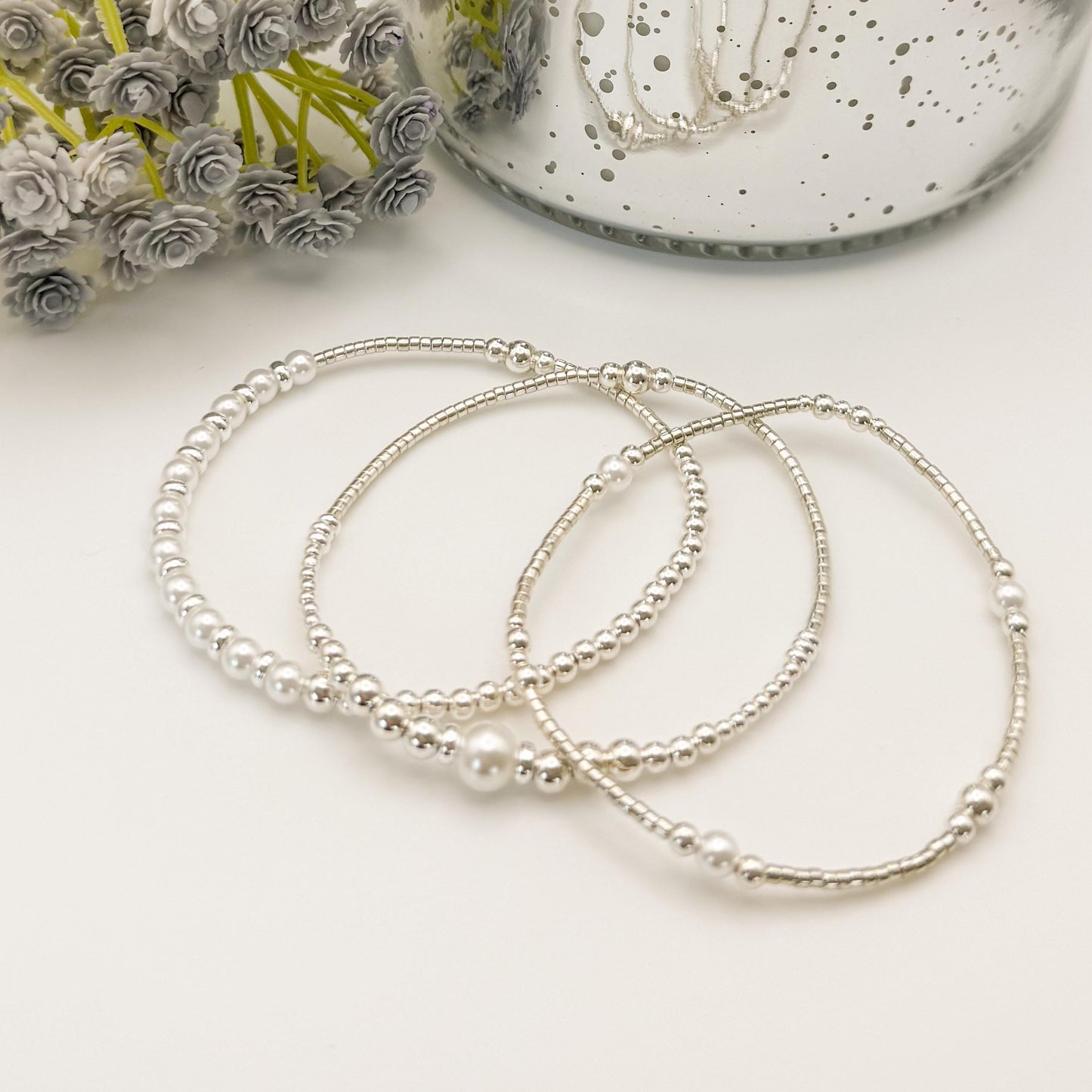 Silver and Pearl Stack | sterling silver with silver seed beads | beaded stretch bracelet | tiny bead bracelet | bracelet set |gift set