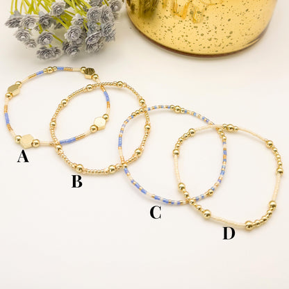 Cloud | 18k gold filled with sapphire blue and cream bracelet stack | beaded stretch bracelet | tiny bead bracelet | seed bead | gift set