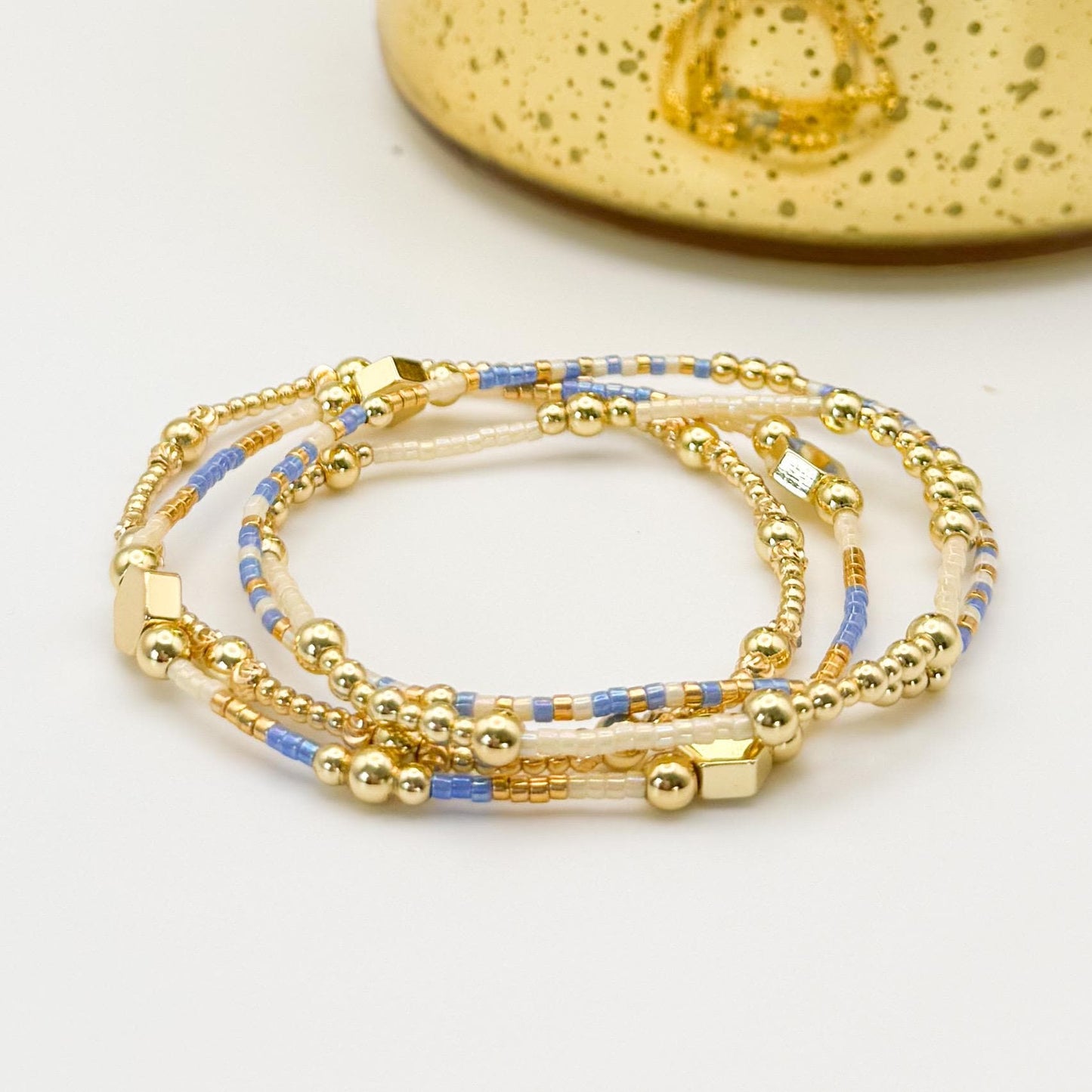 Cloud | 18k gold filled with sapphire blue and cream bracelet stack | beaded stretch bracelet | tiny bead bracelet | seed bead | gift set