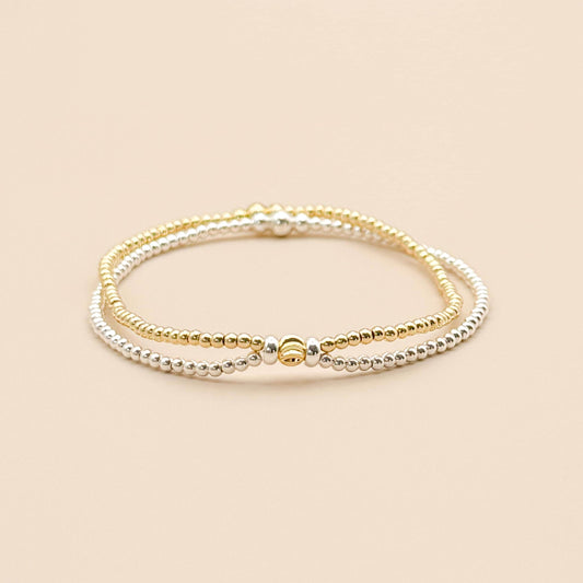 Gold Double Bracelet | 18k gold filled double strand bracelet | beaded stretch bracelet | tiny bead bracelet | mixed metal | gift set