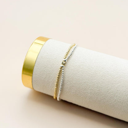 Gold Double Bracelet | 18k gold filled double strand bracelet | beaded stretch bracelet | tiny bead bracelet | mixed metal | gift set