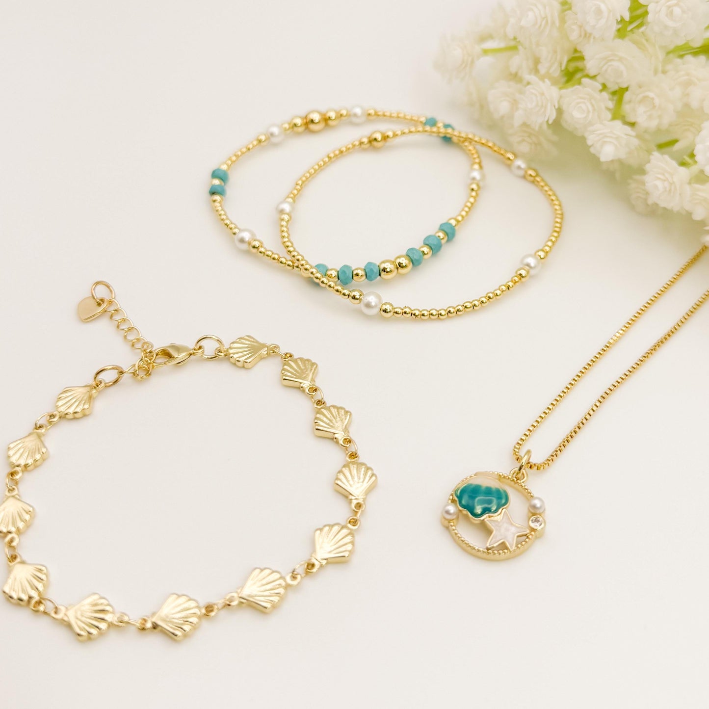 Beachy Seashell Jewelry Set | 18k Gold Filled Bracelet & Necklace