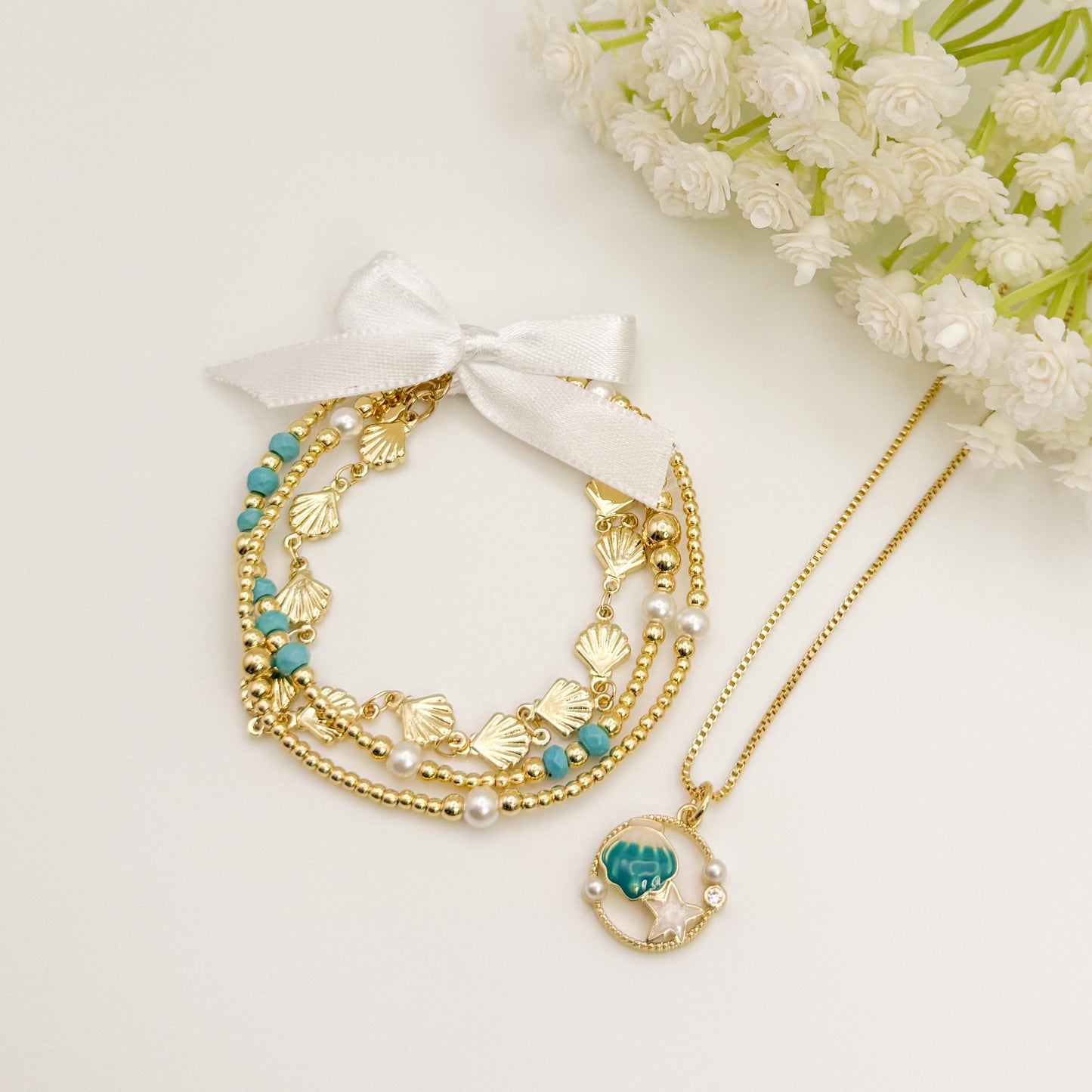 Beachy Seashell Jewelry Set | 18k Gold Filled Bracelet & Necklace