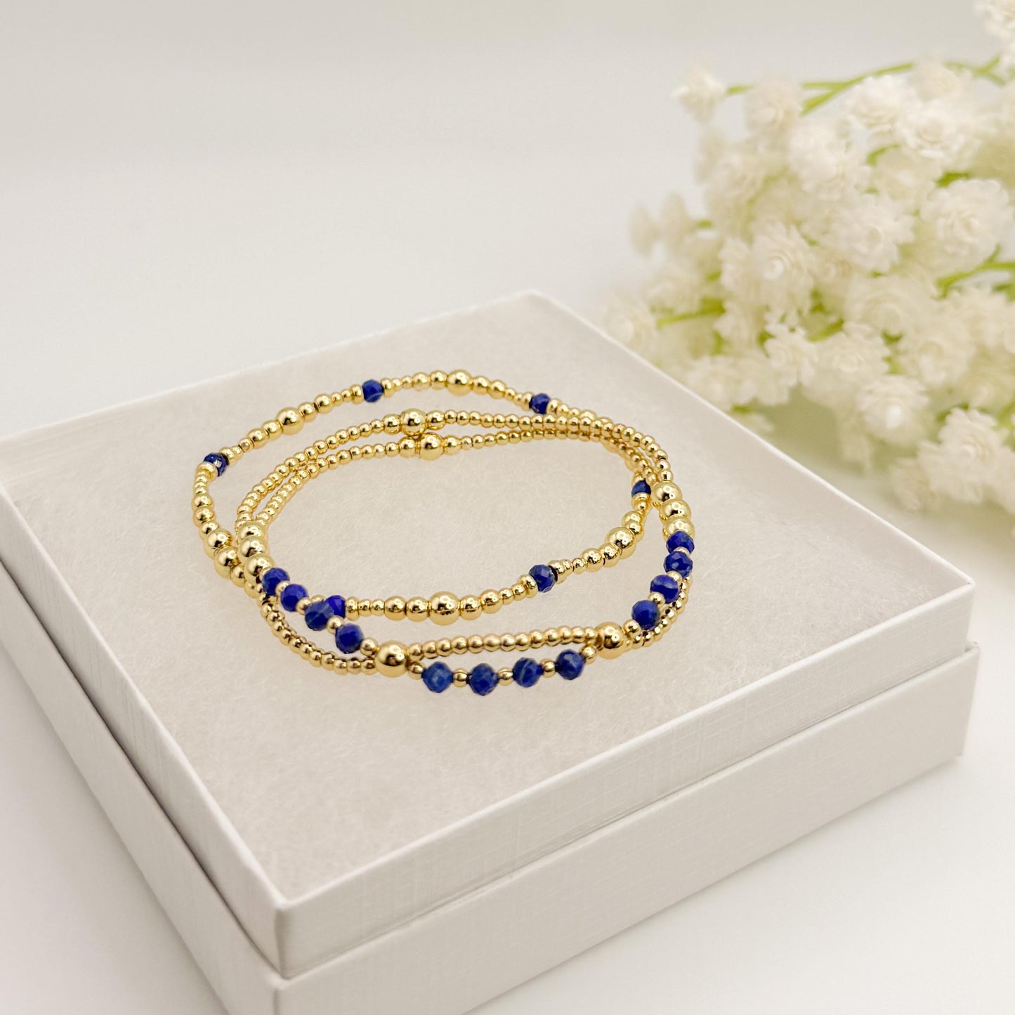 Lapis Beaded Bracelet Set | 18k Gold Filled