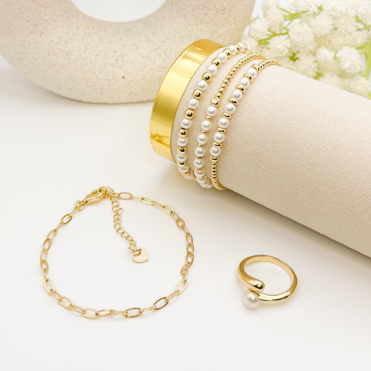 Gold Filled Pearl Jewelry Gift Box | Beaded Bracelets & Ring Set