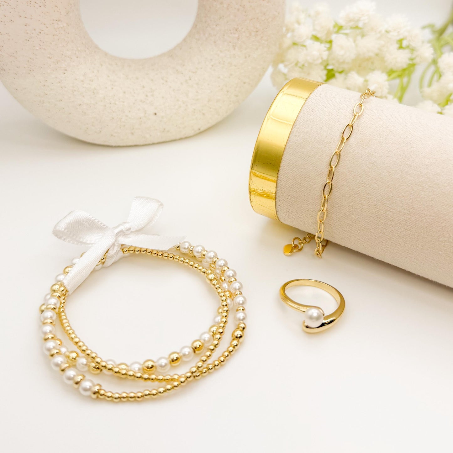 Gold Filled Pearl Jewelry Gift Box | Beaded Bracelets & Ring Set