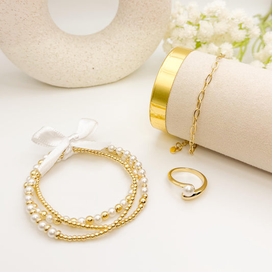 Gold Filled Pearl Jewelry Gift Box | Beaded Bracelets & Ring Set