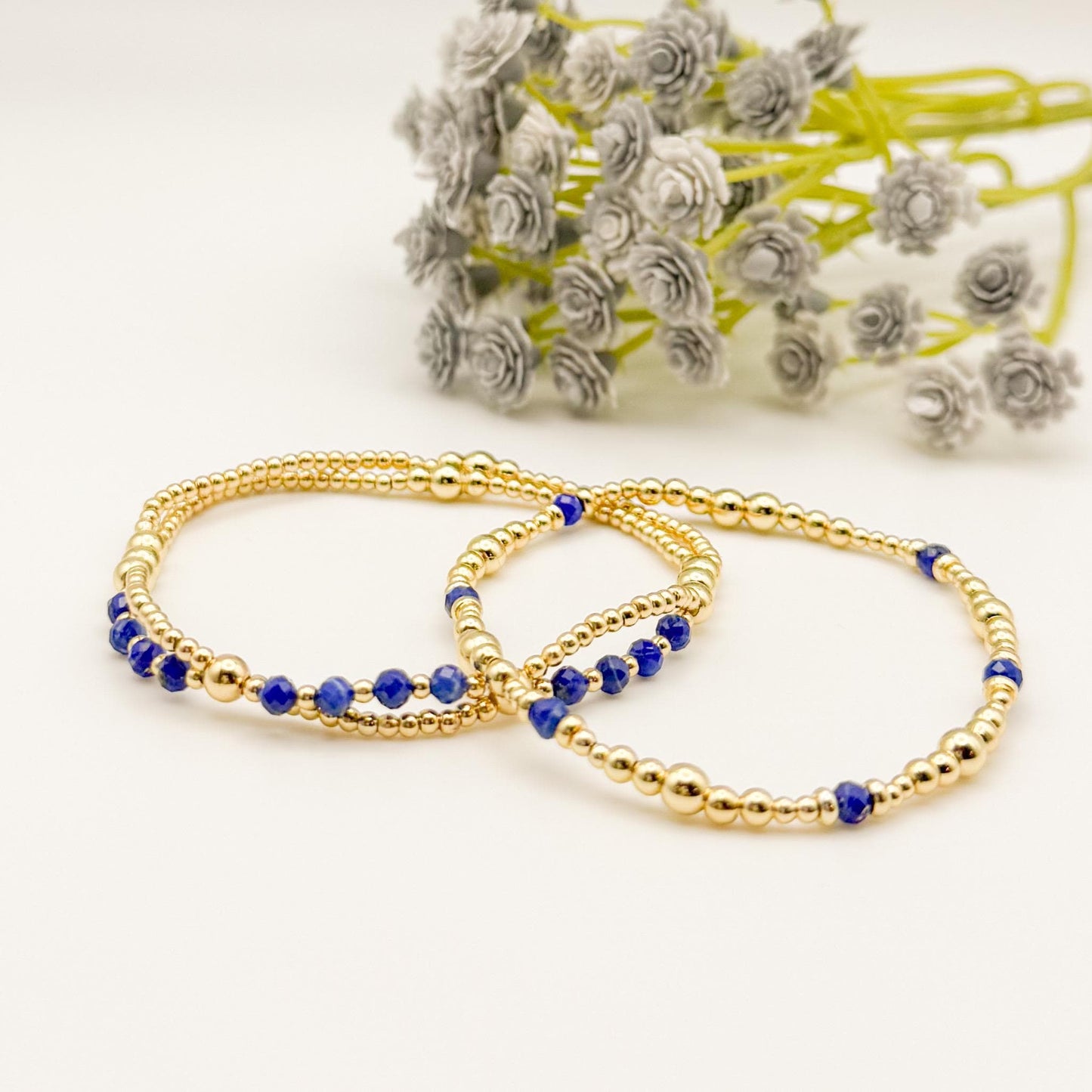 Lapis Beaded Bracelet Set | 18k Gold Filled