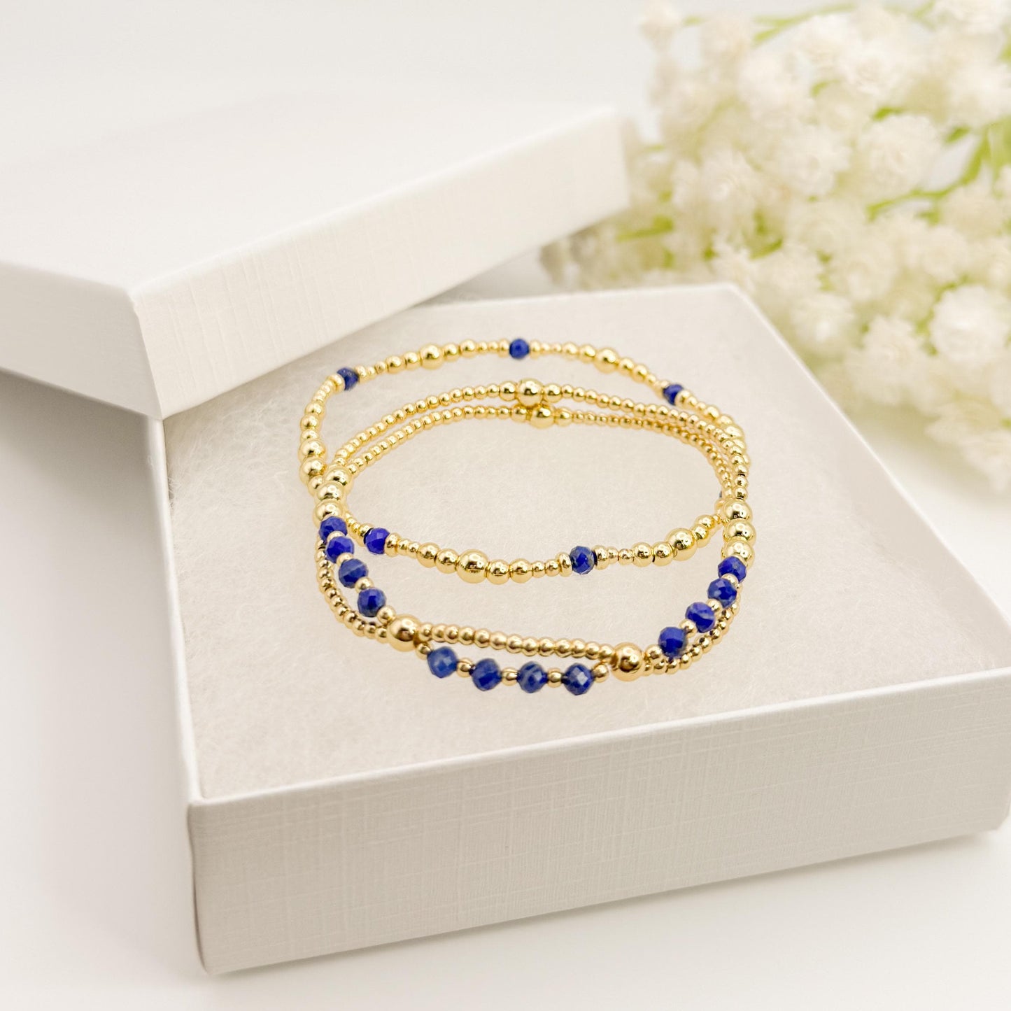 Lapis Beaded Bracelet Set | 18k Gold Filled