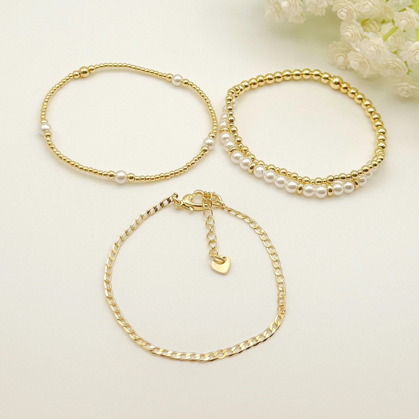 Pearl Set Gift Box | Gold and Pearl Bracelet | 18k Gold Filled Stretch Bracelet | Christmas gift | Heart Necklace | Gift set