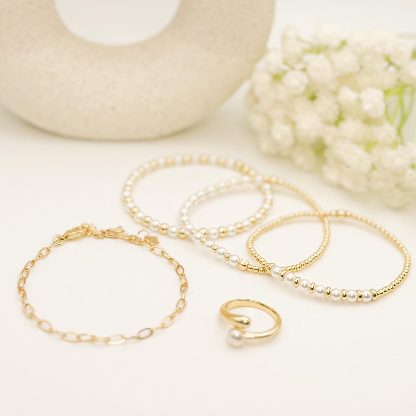Gold Filled Pearl Jewelry Gift Box | Beaded Bracelets & Ring Set