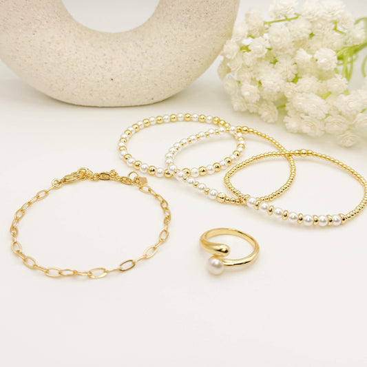 Gold Filled Pearl Jewelry Gift Box | Beaded Bracelets & Ring Set
