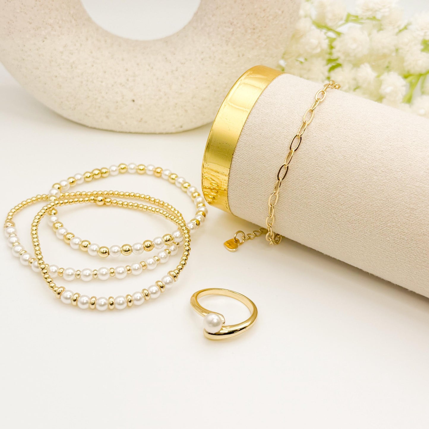 Gold Filled Pearl Jewelry Gift Box | Beaded Bracelets & Ring Set