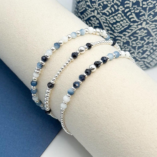 Silver + Navy Gemstone Stretch Bracelet | 925 Sterling Silver Bracelet | Navy and Blue Gemstone | Beaded Bracelet Set | Stones