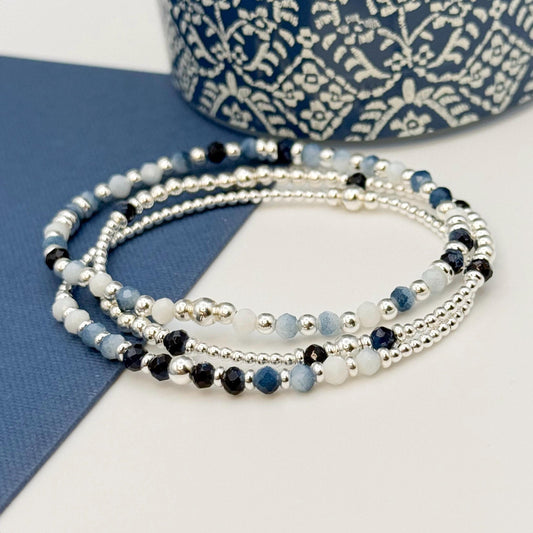 Silver + Navy Gemstone Stretch Bracelet | 925 Sterling Silver Bracelet | Navy and Blue Gemstone | Beaded Bracelet Set | Stones
