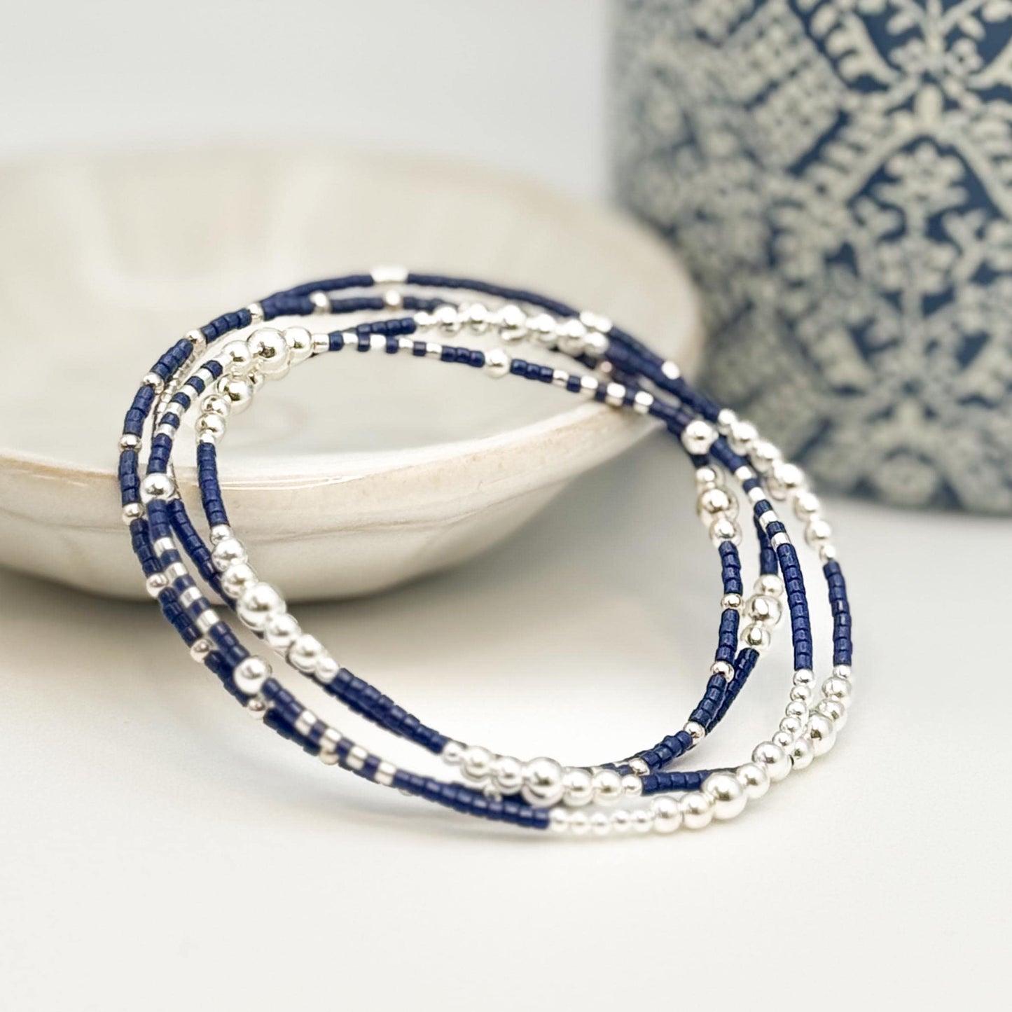 Moonlight | 925 Sterling Silver with Navy Seed Beads Bracelet Stack | Tiny Bead Bracelet  | Beaded Stretch Bracelet Set |