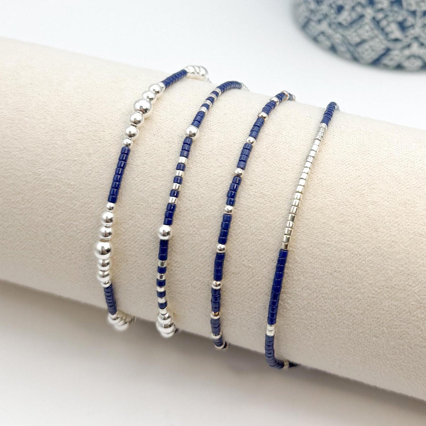 Moonlight | 925 Sterling Silver with Navy Seed Beads Bracelet Stack | Tiny Bead Bracelet  | Beaded Stretch Bracelet Set |