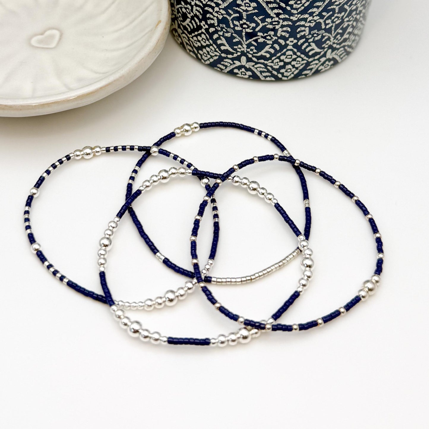 Moonlight | 925 Sterling Silver with Navy Seed Beads Bracelet Stack | Tiny Bead Bracelet  | Beaded Stretch Bracelet Set |