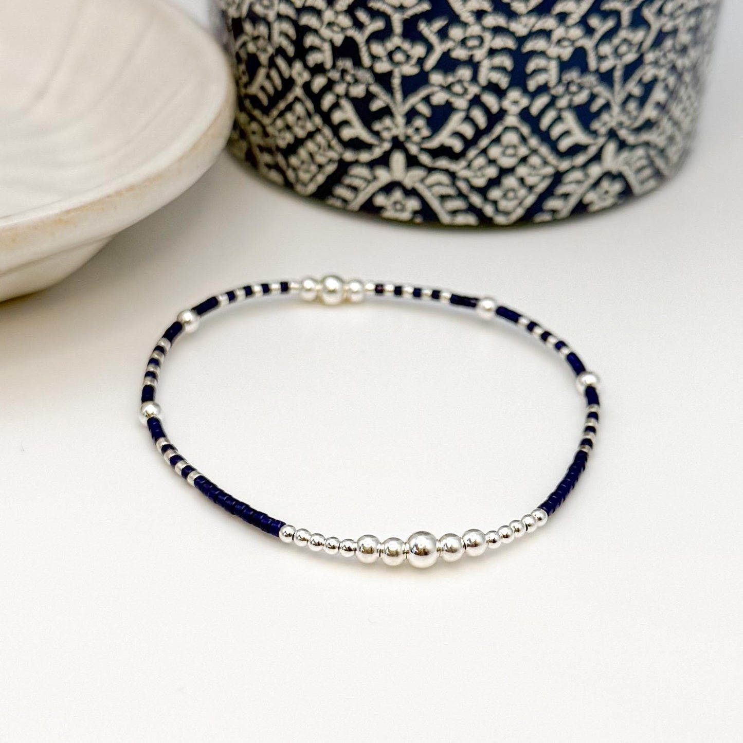 Moonlight | 925 Sterling Silver with Navy Seed Beads Bracelet Stack | Tiny Bead Bracelet  | Beaded Stretch Bracelet Set |
