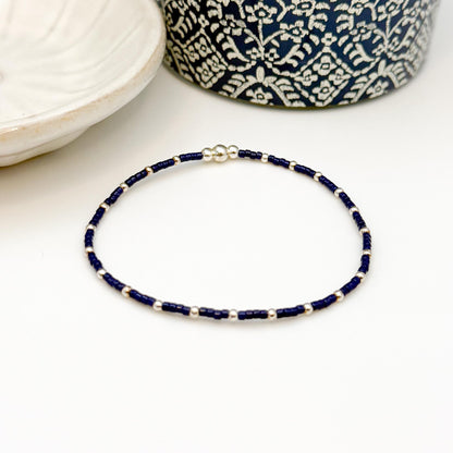 Moonlight | 925 Sterling Silver with Navy Seed Beads Bracelet Stack | Tiny Bead Bracelet  | Beaded Stretch Bracelet Set |