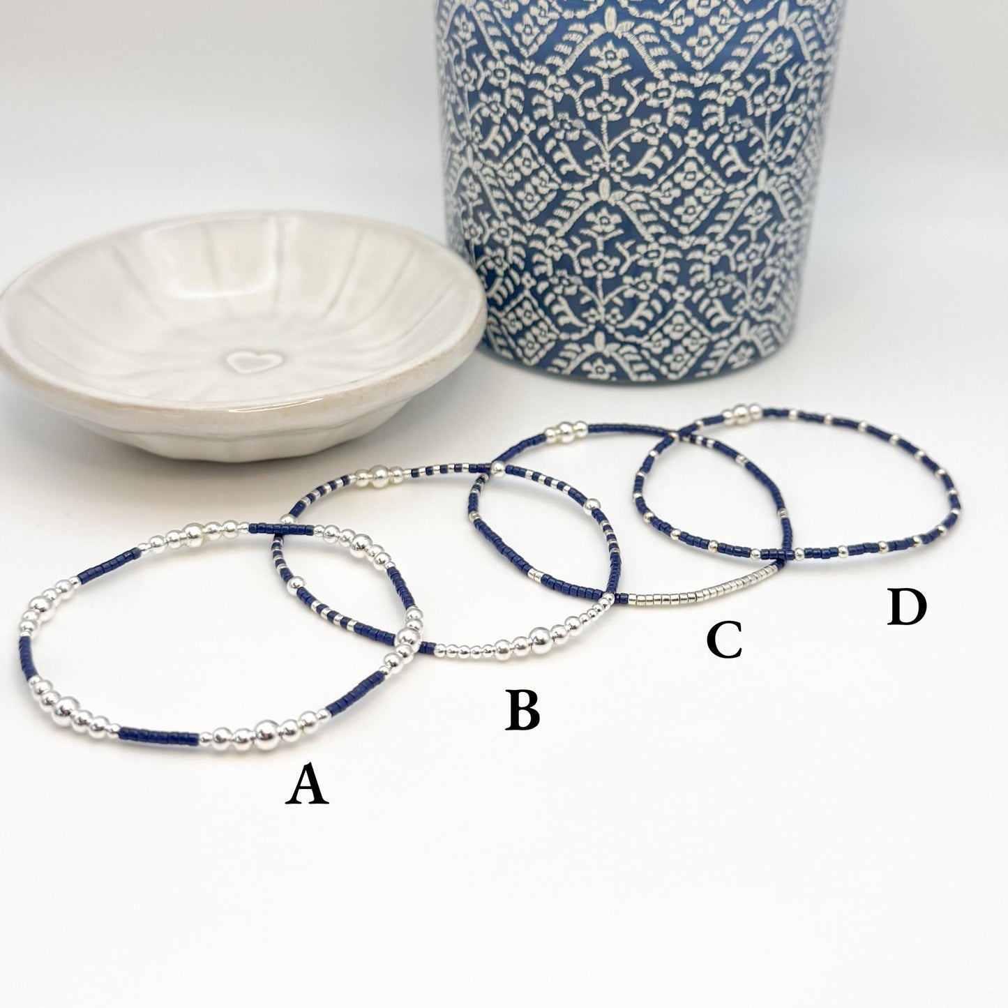 Moonlight | 925 Sterling Silver with Navy Seed Beads Bracelet Stack | Tiny Bead Bracelet  | Beaded Stretch Bracelet Set |