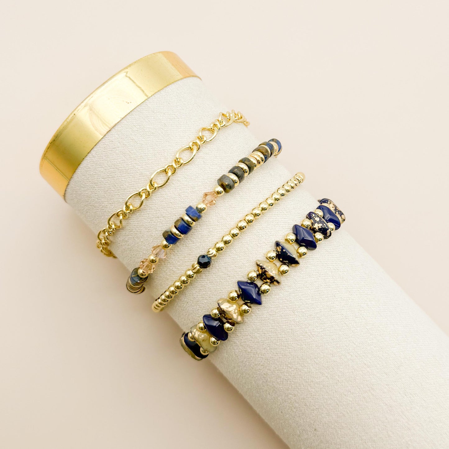Timeless Stack | 18k gold filled with Navy Diamond Shape Beads and Jasper Stone |Beaded Stretch Bracelet | Vintage Bead| Chain | Chunky Gold