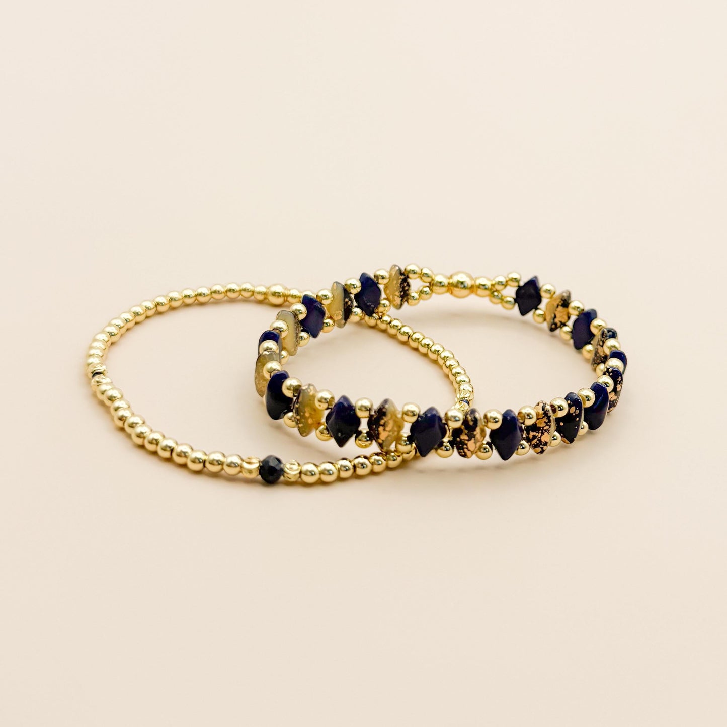 Timeless Stack | 18k gold filled with Navy Diamond Shape Beads and Jasper Stone |Beaded Stretch Bracelet | Vintage Bead| Chain | Chunky Gold