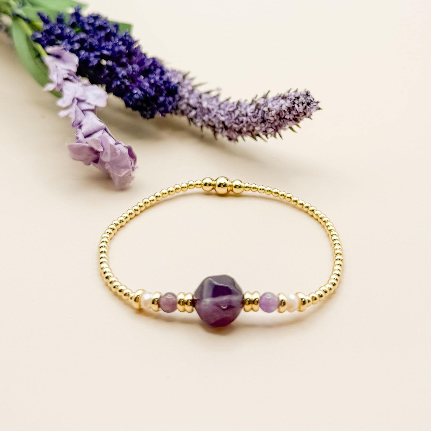 Plum Stack | 18k gold filled with purple stones and crystal beads | beaded stretch bracelet  | bracelet set | gift set