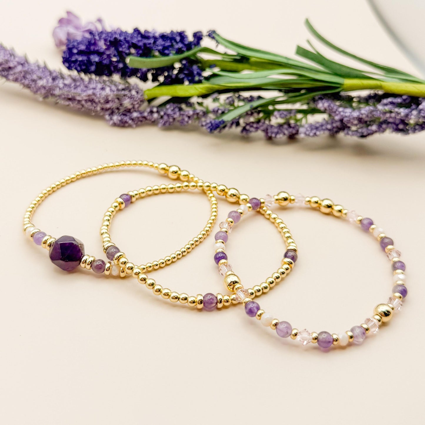 Plum Stack | 18k gold filled with purple stones and crystal beads | beaded stretch bracelet  | bracelet set | gift set