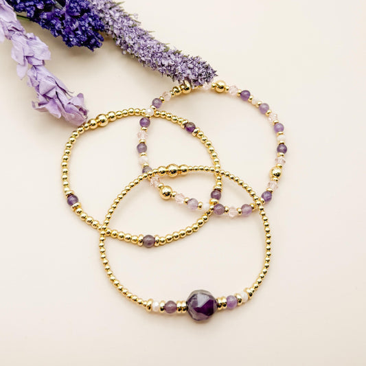 Plum Stack | 18k gold filled with purple stones and crystal beads | beaded stretch bracelet  | bracelet set | gift set