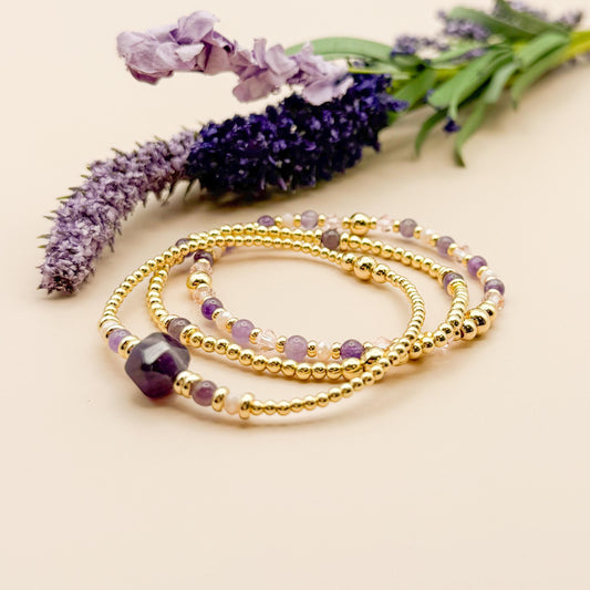 Plum Stack | 18k gold filled with purple stones and crystal beads | beaded stretch bracelet  | bracelet set | gift set