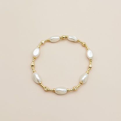 Pearl and Heart Stack | 18k gold filled with Pearl Beads and Heart Chain Bracelet |Beaded Stretch Bracelet | Chain
