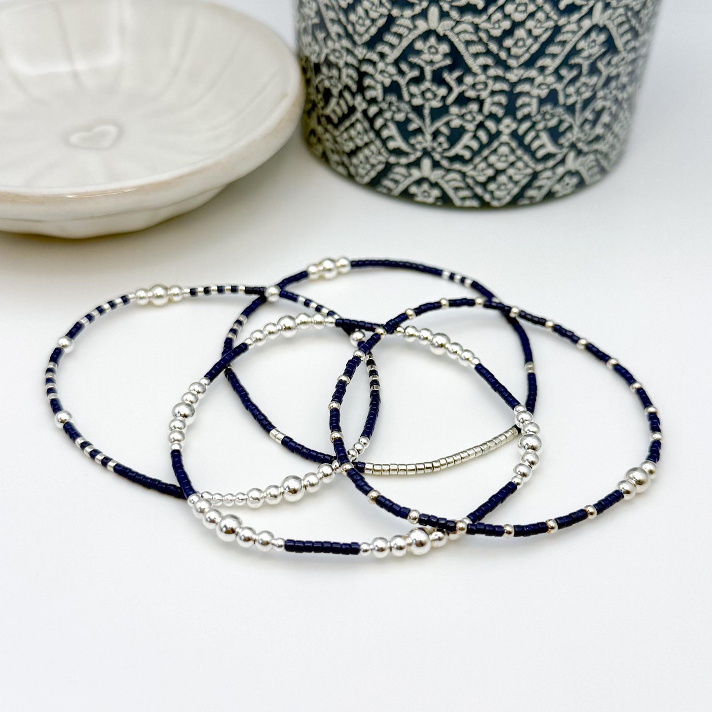 Moonlight | 925 Sterling Silver with Navy Seed Beads Bracelet Stack | Tiny Bead Bracelet  | Beaded Stretch Bracelet Set |