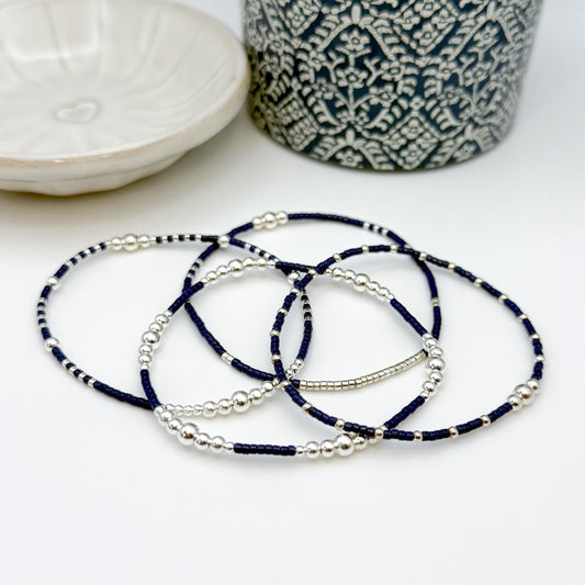 Moonlight | 925 Sterling Silver with Navy Seed Beads Bracelet Stack | Tiny Bead Bracelet  | Beaded Stretch Bracelet Set |